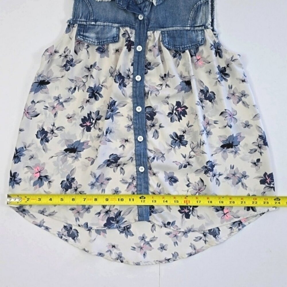 Papillon Women's Denim Yoke Semi Sheer Floral Sleeveless Blouse Blue XS - Picture 8 of 8
